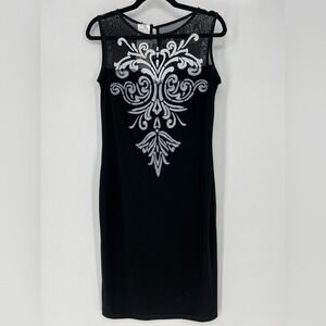 JOSEPH RIBKOFF BLACK, WHITE SHIFT DRESS MESH‎ & APPLIQUÉ BODICE, KEYHOLE BUTTON
